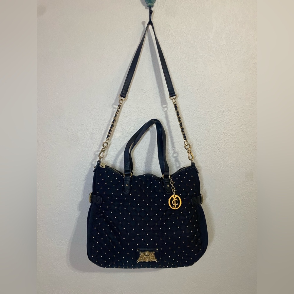 Juicy Couture Lauryn Zip Top Tote Black and Gold Quilted Stud 15x13 Large Bag